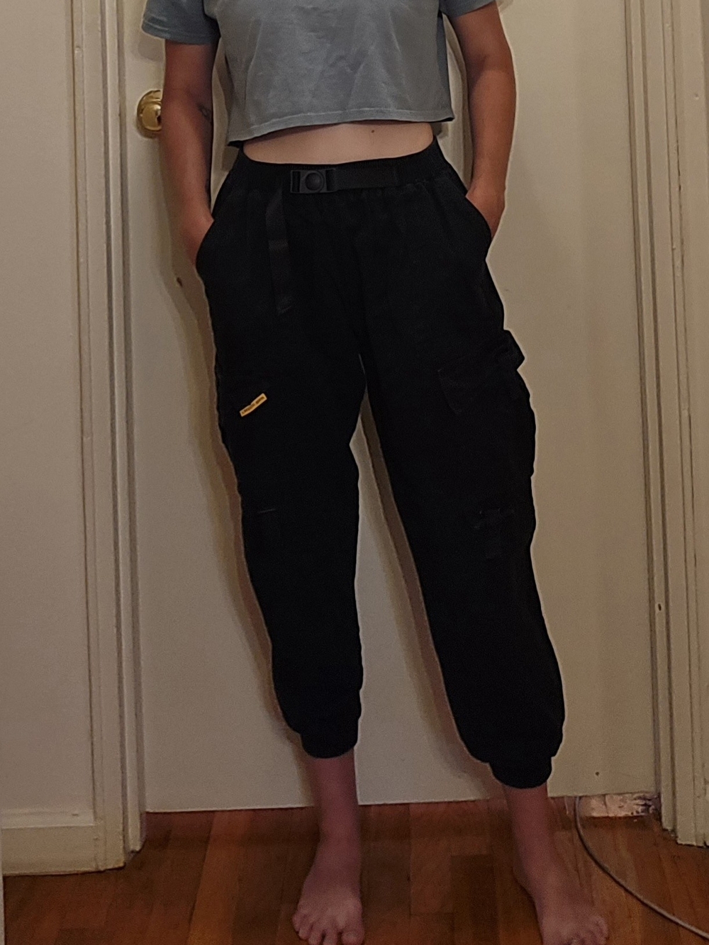 Women’s Black Cargo Joggers with Utility Pockets and Web Belt